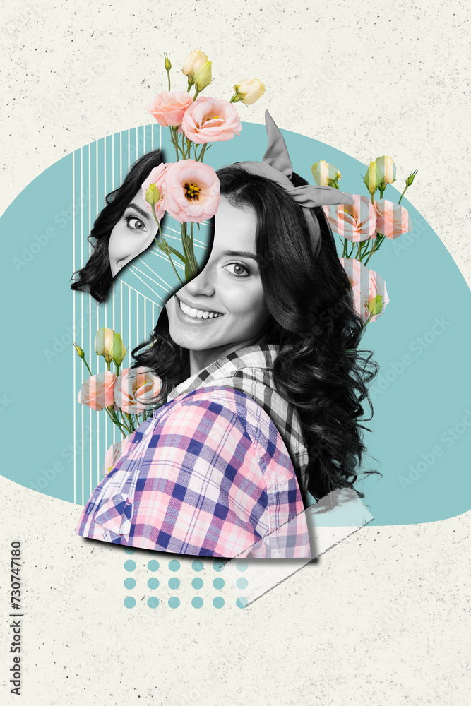 Fototapeta premium Vertical collage picture image young charming beautiful girl portrait fresh flowers blossom natural organic divided face fragment element