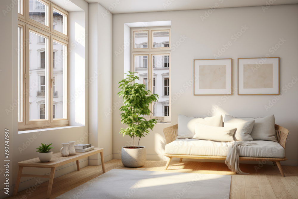 Fototapeta premium Clean-lined studio apartment interior with essential furniture and a large window for natural light