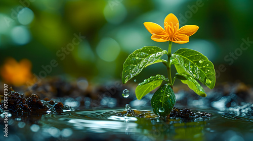 A vivid orange flower with fresh water droplets on a young sprout, symbolizing new life.
