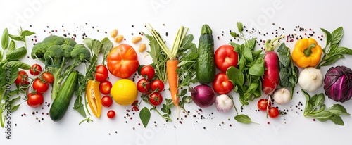 Vegetables and fruits elegantly arranged on white background creating vibrant tapestry of healthy organic produce assortment showcases variety and richness of vegetarian and vegan diets