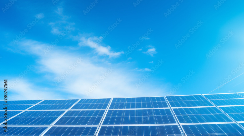 solar panel on roof with bright blue sky. renewable energy concept