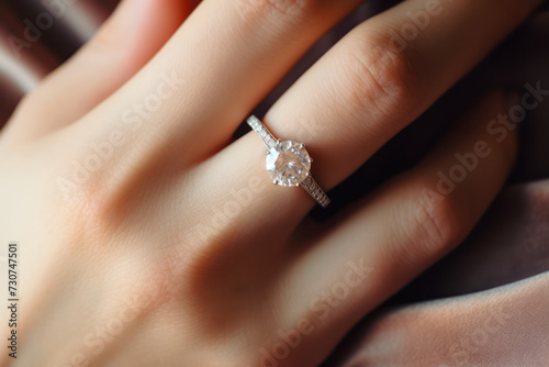  Close view of the ring finger with a bespoke engagement ring, the girl's emotional expression softly blurred in the back
