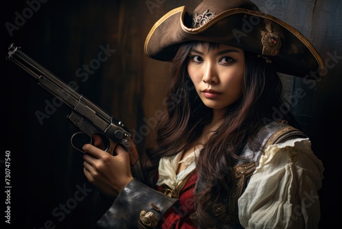 Asian female pirate, 34 years old, repairing her fake pistol, with focused eyes, in a retro style