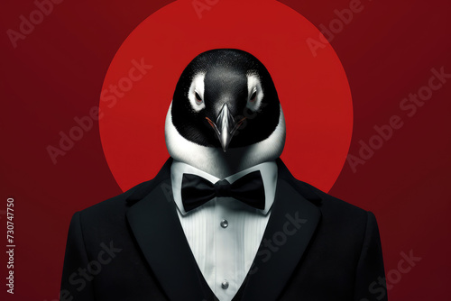 
Illustration of an individual with the head of a penguin, wearing a tuxedo, portraying formality mixed with a playful twist photo