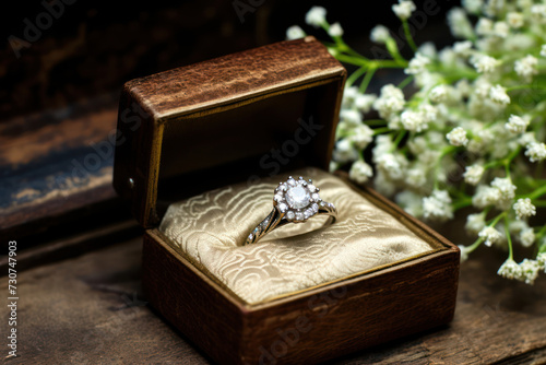  Intricate filigree ring in an open velvet-lined wooden box, near a spray of baby's breath, on an aged barnwood table