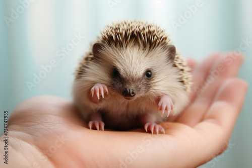 A human hand holds on the palm a small cute baby hedgehog with gray needles and a funny nose