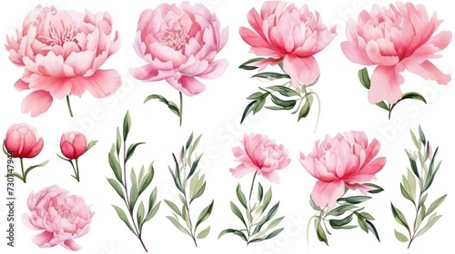 Flower set. Watercolor peonies for wedding invitation design, fabric, decor , generative ai © irvan