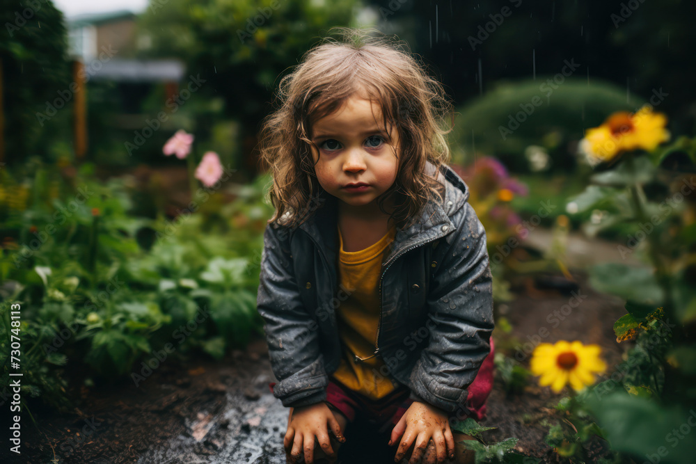 A 4-year-old girl, British, in a garden, upset because she can't play in the rain
