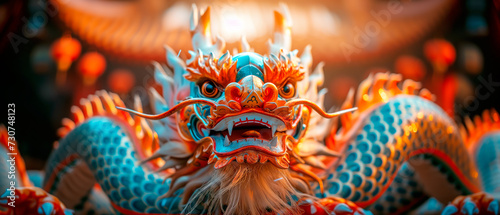 Closeup of 3D golden dragon statue in Chinese temple  symbol of Chinese New Year