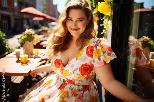 A plus-size, 24-year-old German bride in a bright, cheerful dress, in a sunny garden café