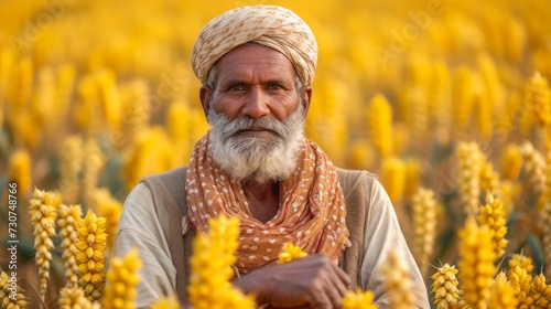 Indian farmer holding crop plant in his Wheat field 