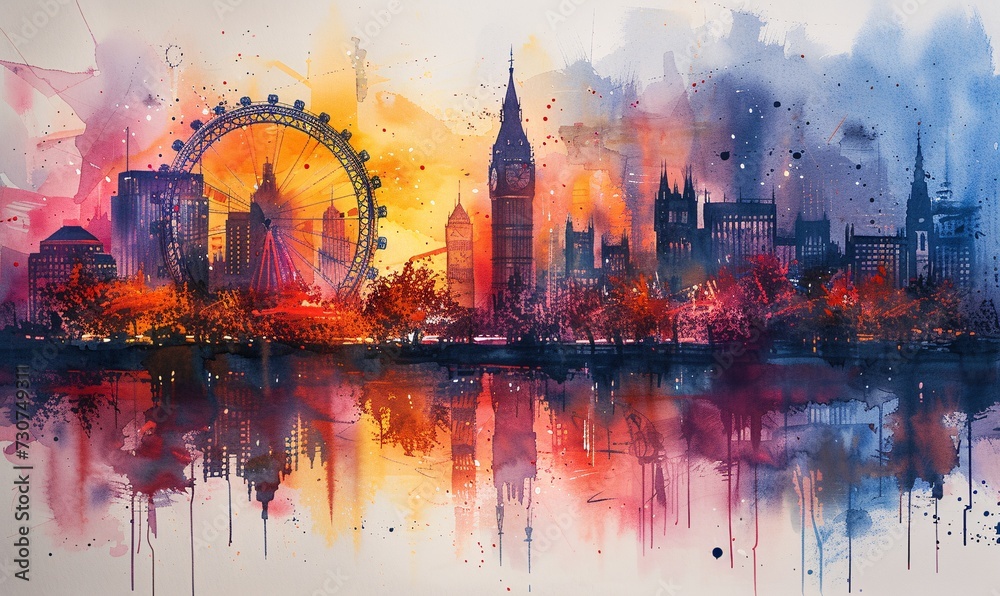 Fantasy London: A Vibrant Watercolor of the City's Iconic Landmarks Generative AI