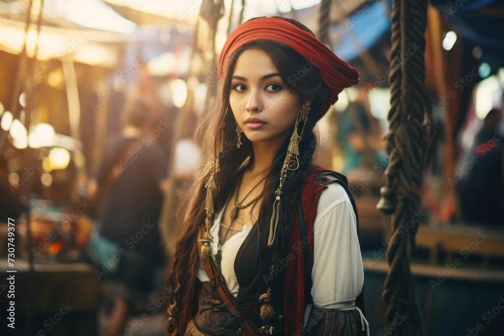 An Asian female pirate, about 25 years old, in a bustling port, her face lit by the market's vibrant colors, vintage filter An Asian female pirate, about 25 years old, in a bustling port, her face lit by the market's vibrant colors, vintage filter