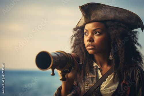 An African female pirate, around 30 years old, looking through a spyglass, with the sea in the background, vintage tone