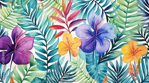 Seamless pattern, abstract art. Watercolor painting, children's wallpaper. Hand drawn plants. Palms, rainforest, leaves, flowers. modern Art. Prints, wallpapers, posters, cards, murals, generative ai,