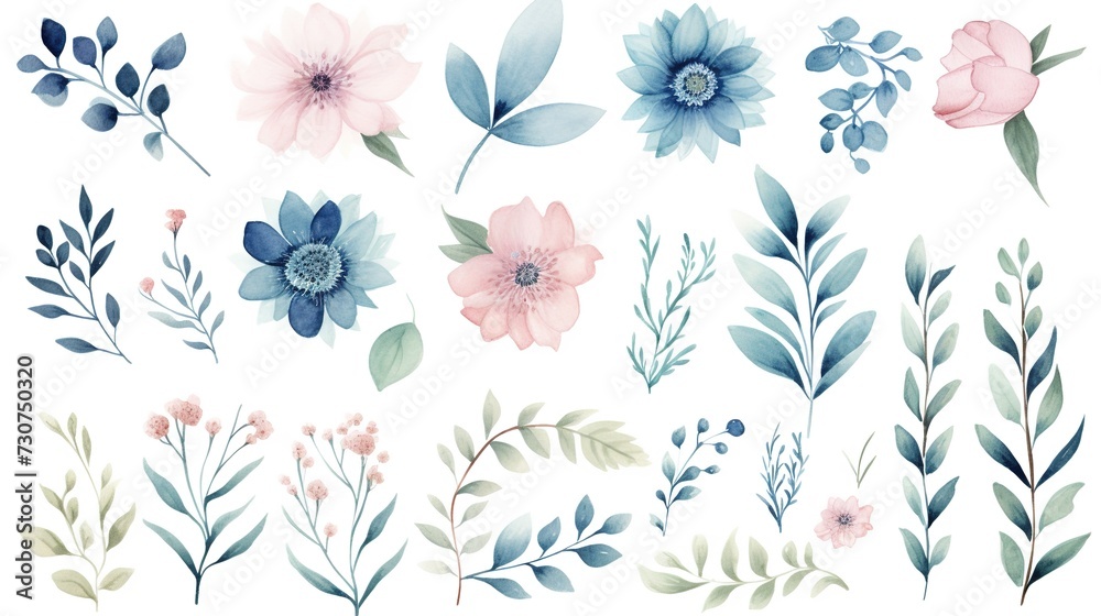 Fototapeta premium Watercolour floral illustration set. DIY blush pink blue flower, green leaves individual elements collection - for bouquets, wreaths, wedding invitations, anniversary, birthday, postcards, greetings.,