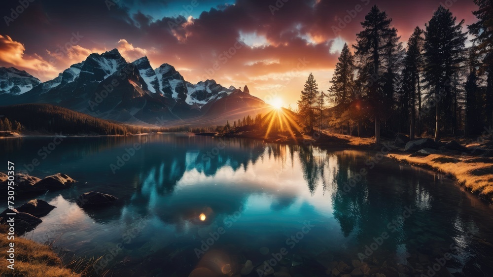 Fototapeta premium Sunrise in the mountains, Sunrise over the lake, sunset wallpaper, sunset background, The sun is rising and so are the mountains 
