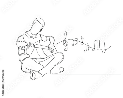 Continuous single line sketch drawing of a man playing guitar with music notes key. One line art of musician guitarist vector illustration
