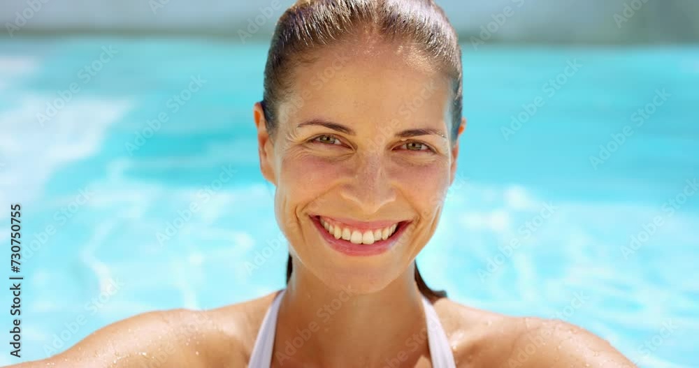 Face, pool and woman with a smile, summer and happiness with sunshine and vacation with getaway trip. Portrait, person and wet with lady, swimming and cheerful with adventure and confident with joy Face, pool and woman with a smile, summer and happiness with sunshine and vacation with getaway trip. Portrait, person and wet with lady, swimming and cheerful with adventure and confident with joy