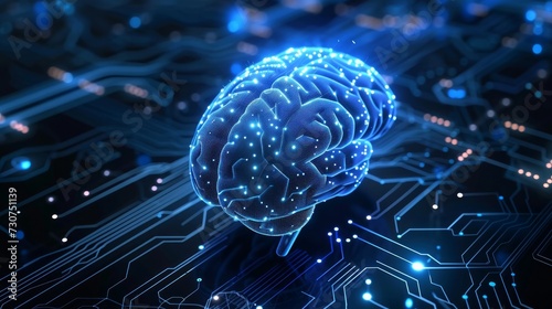 Artifical intelligence and digital Brain on blue circut, AI illustration