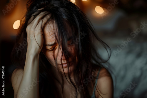 Woman with long hair scratching her itchy scalp, A close-up of a woman with a pained expression, vigorously scratching her itchy scalp with her fingernails.