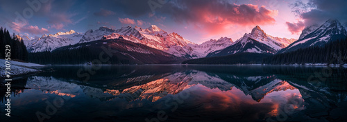 mountains in the mountains reflected in a mountain lake, in the style of dark pink and light azure, swiss style, nikon d850, richly colored skies, landscape photography, dark white and light violet, 