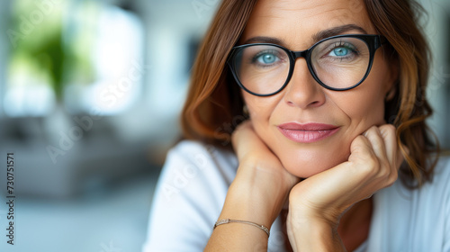 A close-up of a beautiful smiling middle aged woman with eyeglasses