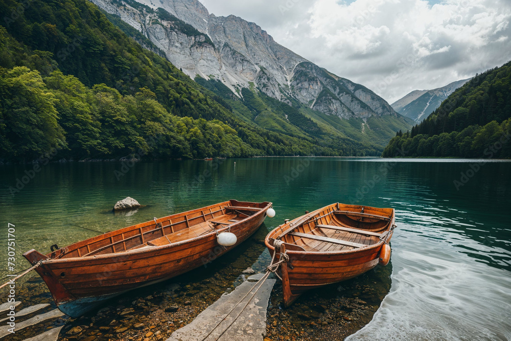 two boats anchored in a lake with mountains, in the style of majestic composition, wood, romantic emotivity