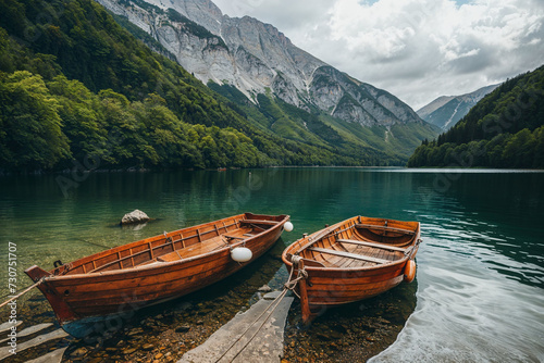 two boats anchored in a lake with mountains, in the style of majestic composition, wood, romantic emotivity © TimosBlickfang