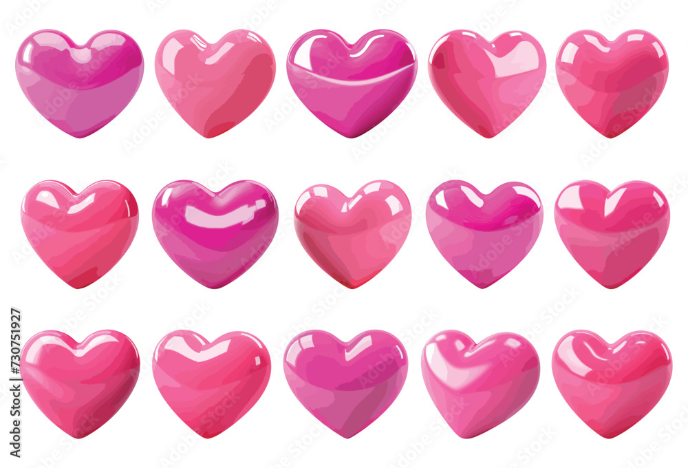 Pink heart 3d vector set isolated on white background