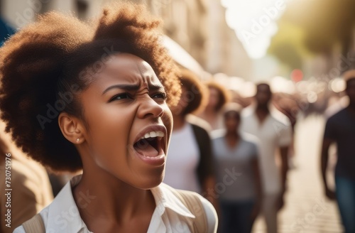 angry black protester screaming on street. female activist protesting against rights violation