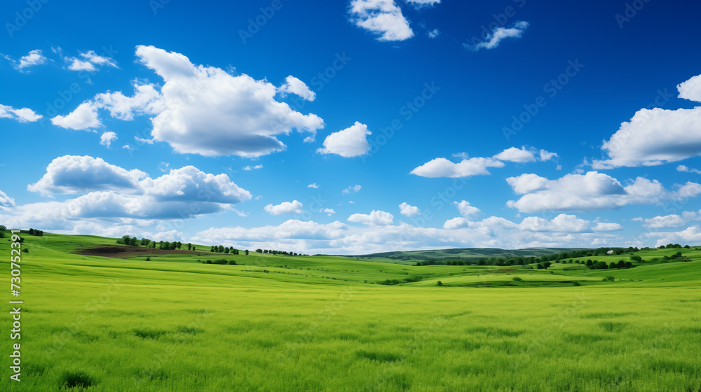 green field and blue sky. field and clouds