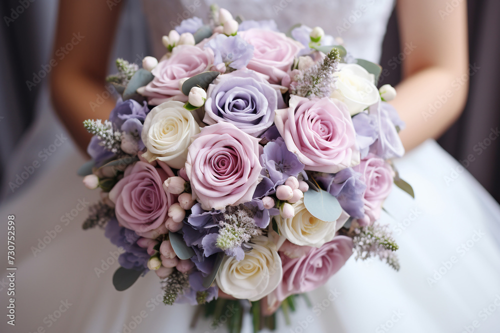 The bride holds an elegant delicate bouquet in her hands. Wedding day concept. Generated by artificial intelligence The bride holds an elegant delicate bouquet in her hands. Wedding day concept. Generated by artificial intelligence