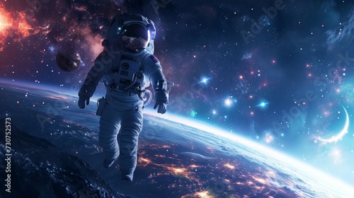 astronout in space with spacesuit, mesmerizing stars and planets