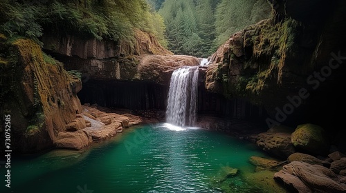 Waterfall nestled in a cove of ragged rocks flowing into an emerald pool of water made with Ai generative