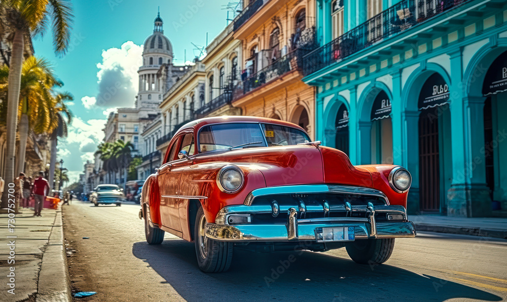 Obraz premium Vintage red classic car cruising on a sunny street in Havana with historical architecture and tropical vibes, capturing the essence of old Cuba