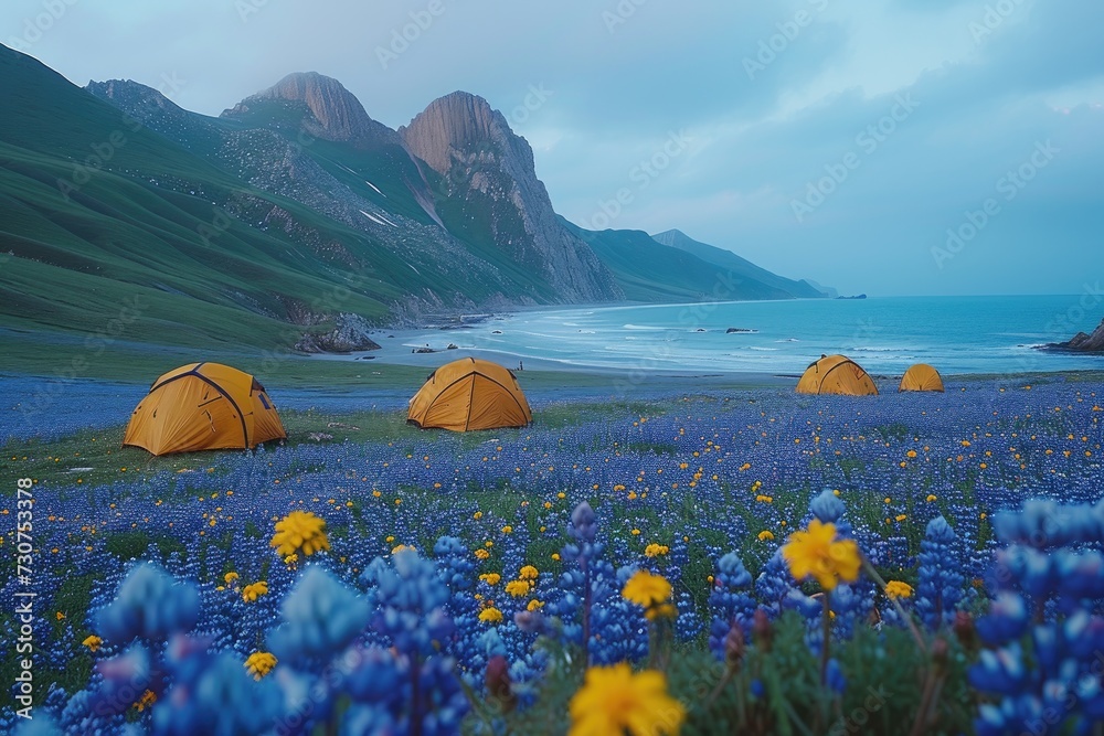 Camping freedom in the nature and having fun with spring wild flowers view