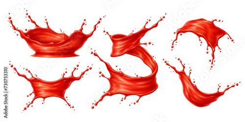 Tomato red juice or ketchup sauce splashes. Corona and swirl, tornado and wave flow vector 3d set of liquid food condiment, ketchup or tomato vegetable drink with realistic juicy drops and splatters