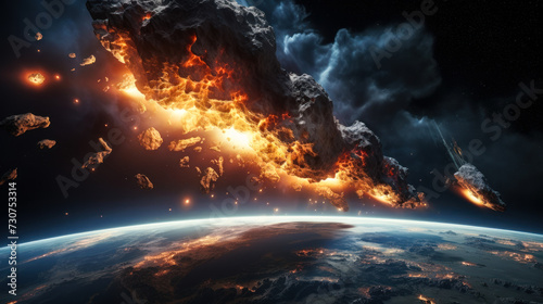 Apocalyptic vision of a massive asteroid ablaze with fiery trails, hurtling close to Earth's atmosphere, depicting potential space disaster or cosmic event