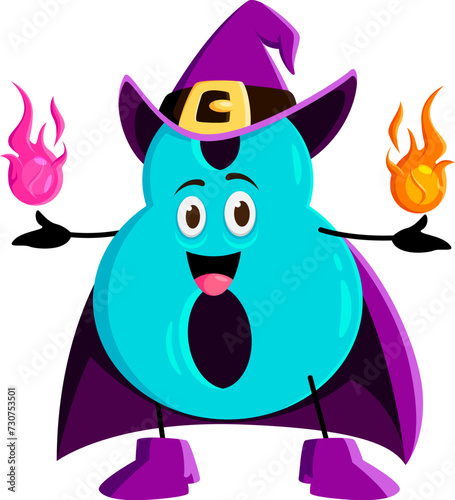 Cartoon math number eight Halloween wizard, witch and mage character. Isolated vector 8 numeric personage adorned in mystical robe, wielding a fiery flames, casting enchanting spellbinding equations