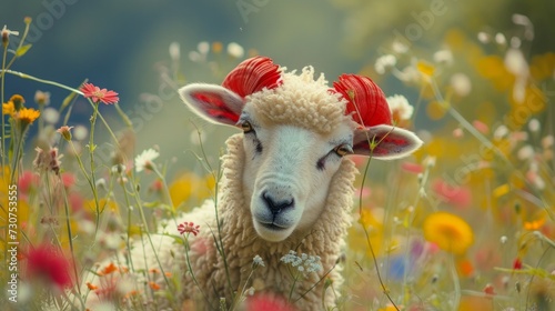Sheep for feast of sacrifice  red flowers or bant on its head  Kurban holiday  Eid al-Adha
