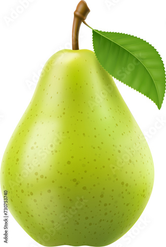 Raw realistic green pear fruit. Ripe whole isolated 3d vector pear with leaf, its smooth skin glows with verdant hues. Succulent fruit promises a burst of sweet juiciness with each refreshing bite photo
