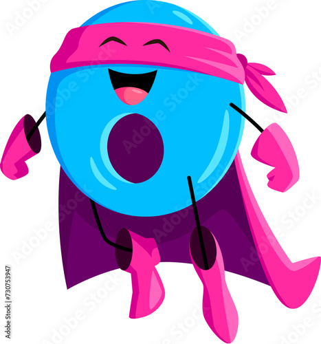 Cartoon math number null zero superhero character. Isolated vector school numeral 0 vigilante personage featuring playful smiling face and bright blue color, perfect for children educational games