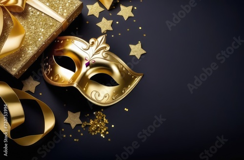Happy Purim carnival concept. golden mask, gift box and confetti on black background, flatlay