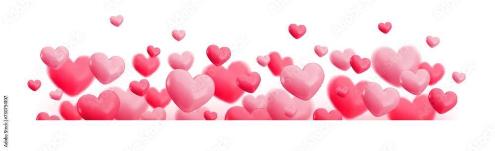 Valentines Day horizontal banner template. Border with cute flying pink heart balloons. Realistic hearts frame on white background. Cartoon 3d vector Valentine's day design for greeting cards, web
