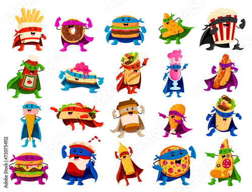 Cartoon fast food superhero characters. Vector french fries, donut, burger, nachos and pop corn. Ketchup or mustard, cheesecake, burrito and cocktail. Hot dog, ice cream, taco, coffee and pizza heroes