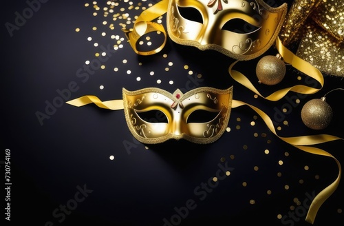 golden mask, ribbons, balls and confetti on black background, flatlay. Purim carnival mask, top view
