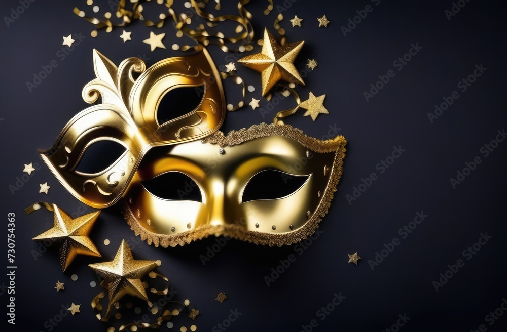 Purim carnival masks, top view. golden mask, gift box and confetti on black background, flatlay