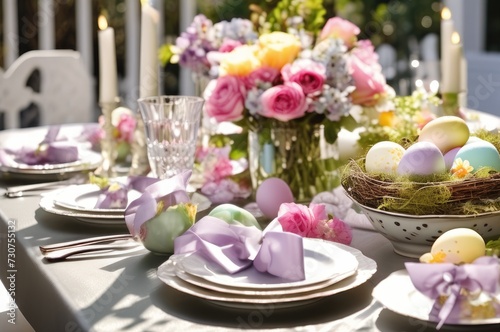 Easter Table Setting with Pastel Eggs and Flowers