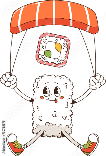 Cartoon retro groovy sushi character. Isolated vector delightful nigiri smiling personage with big googly eyes and tiny playful limbs, descending on salmon slice parachute. Asian food delivery service